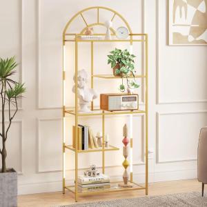 Lifewit Arched Geometric Led Display Shelf with Adjustable Color Temperature and Brightness Control, Etagere Bookshelf with Metal Frame and Glass Shelf for Living Room, Bedroom, Curio Cabinet, Gold(Gold)