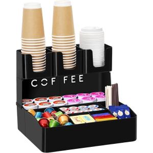 Lifewit 2-tier Coffee Station Organizer for Countertop, 10 Compartments, Tea Condiment Storage,Coffee Bar Organizer for Office Breakroom, Home Kitchen, Black