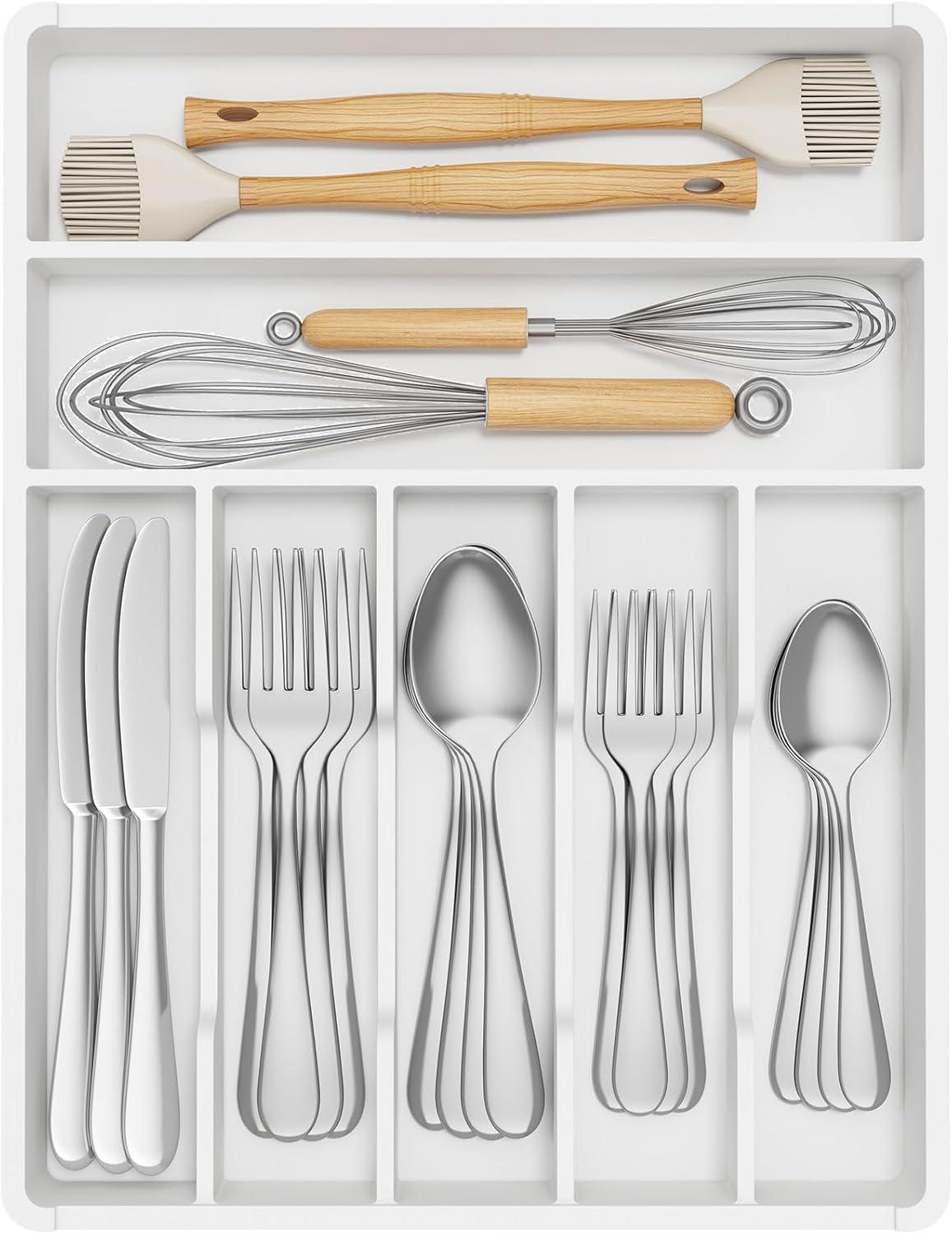 imageLifewit Silverware Tray Deep Wide Cutlery Drawer Organizer Storage for Kitchen Plastic Flatware Utensil Holder Divider for Spoons Forks Knives Tableware 6 Compartment BlackWhite