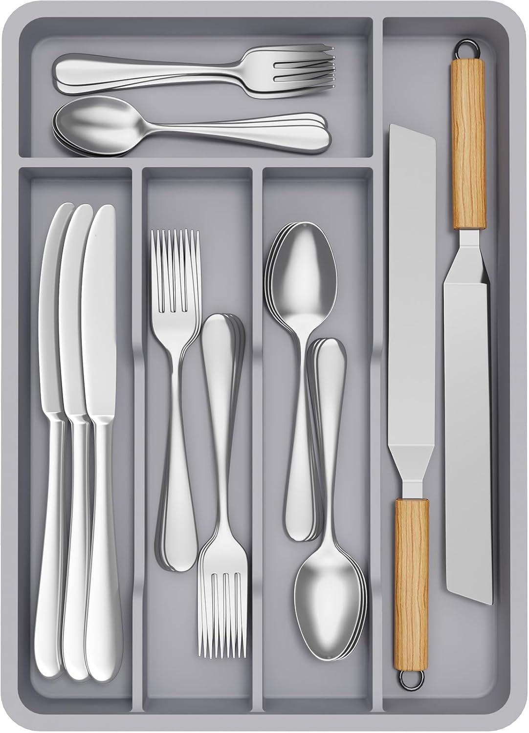 imageLifewit Silverware Tray Deep Wide Cutlery Drawer Organizer Storage for Kitchen Plastic Flatware Utensil Holder Divider for Spoons Forks Knives Tableware 6 Compartment BlackGray