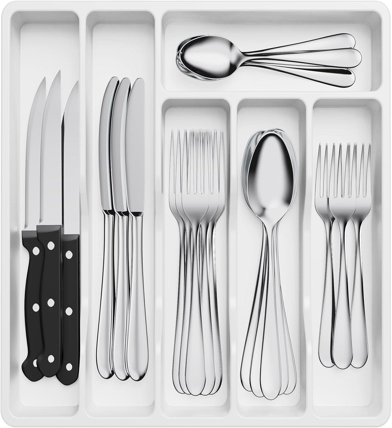 imageLifewit Silverware Tray Deep Wide Cutlery Drawer Organizer Storage for Kitchen Plastic Flatware Utensil Holder Divider for Spoons Forks Knives Tableware 6 Compartment BlackWhite