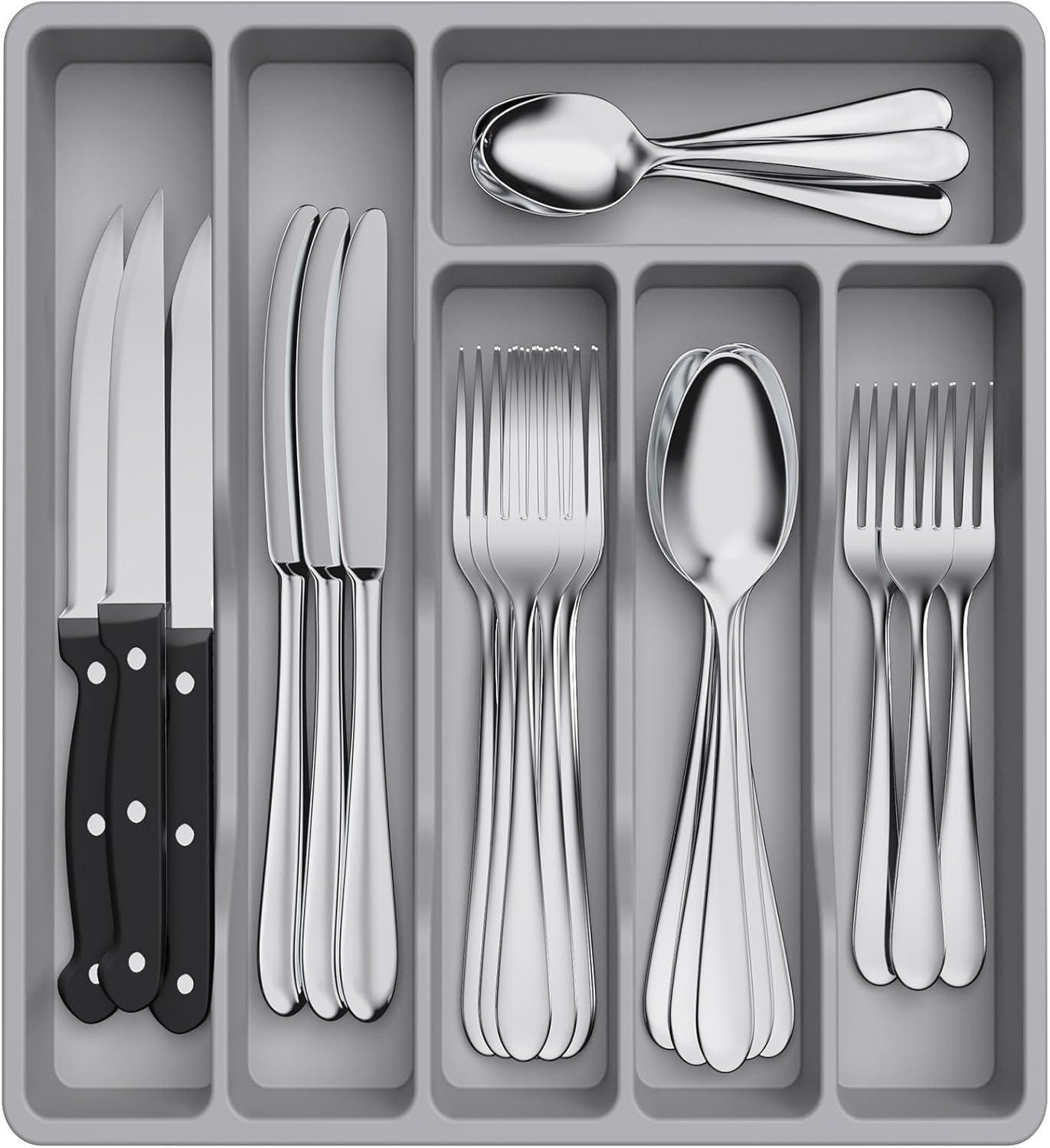 imageLifewit Silverware Tray Deep Wide Cutlery Drawer Organizer Storage for Kitchen Plastic Flatware Utensil Holder Divider for Spoons Forks Knives Tableware 6 Compartment BlackGray