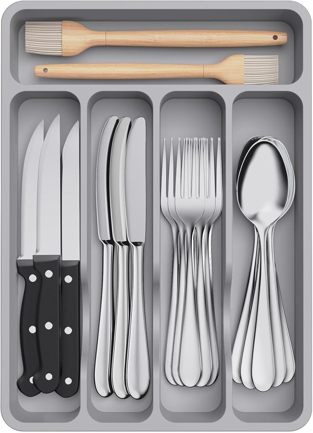 imageLifewit Silverware Tray Deep Wide Cutlery Drawer Organizer Storage for Kitchen Plastic Flatware Utensil Holder Divider for Spoons Forks Knives Tableware 6 Compartment BlackGray