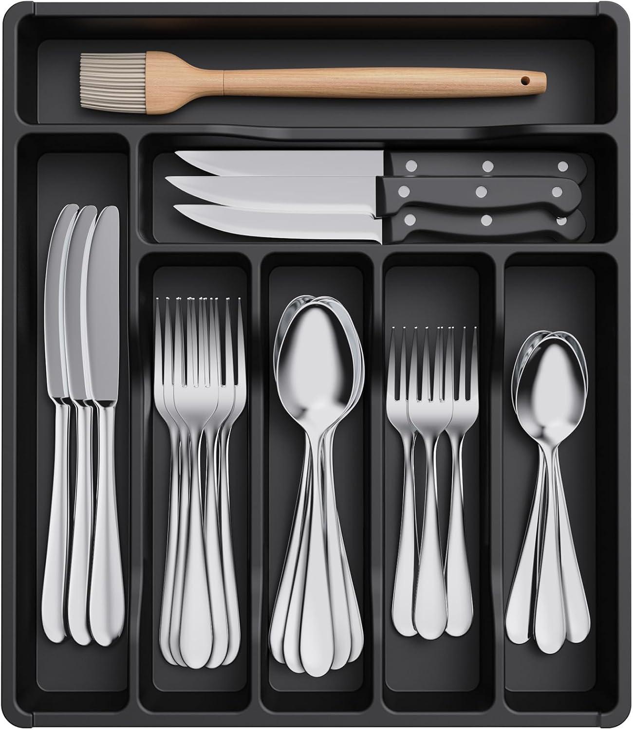 imageLifewit Silverware Tray Deep Wide Cutlery Drawer Organizer Storage for Kitchen Plastic Flatware Utensil Holder Divider for Spoons Forks Knives Tableware 6 Compartment BlackBlack