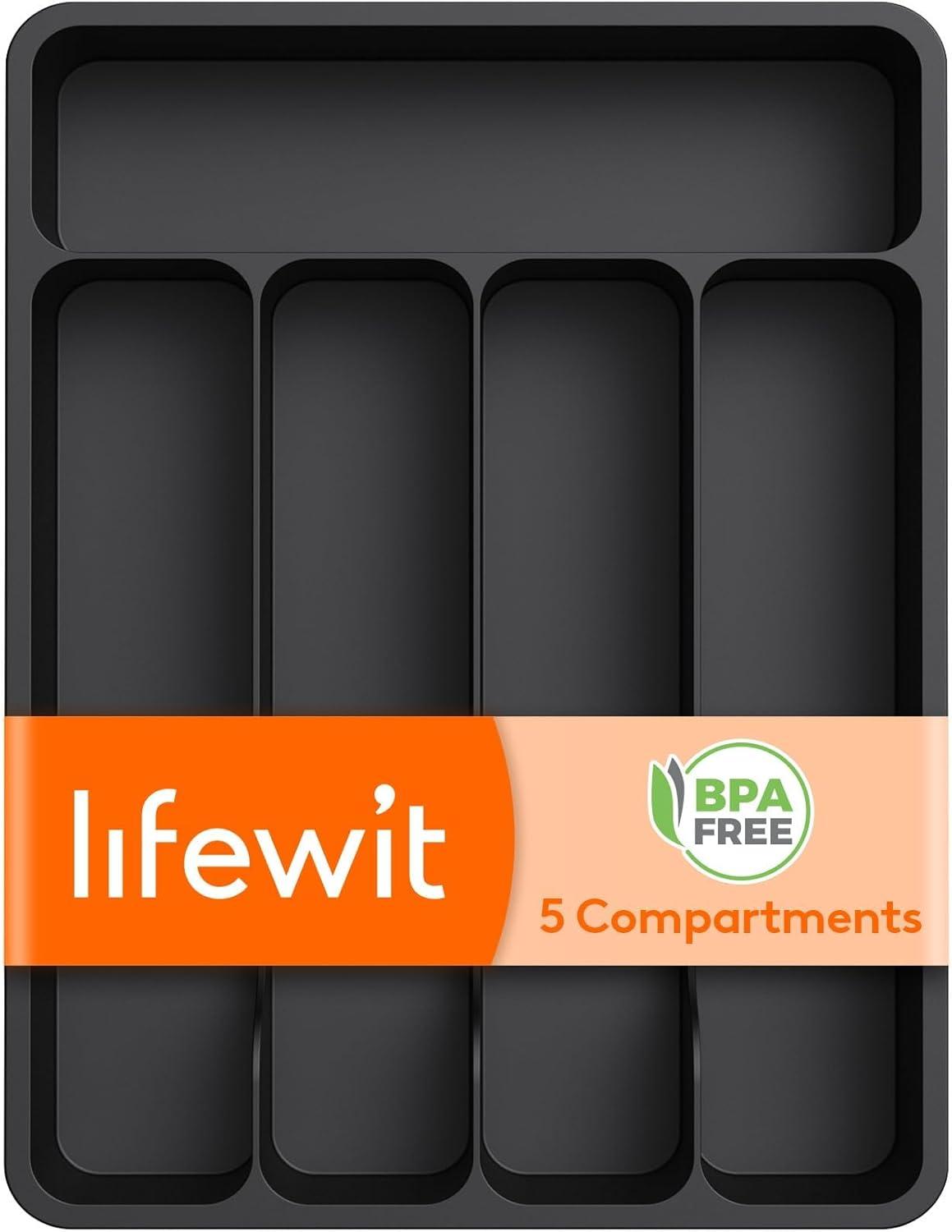 imageLifewit Silverware Tray Deep Wide Cutlery Drawer Organizer Storage for Kitchen Plastic Flatware Utensil Holder Divider for Spoons Forks Knives Tableware 6 Compartment BlackBlack