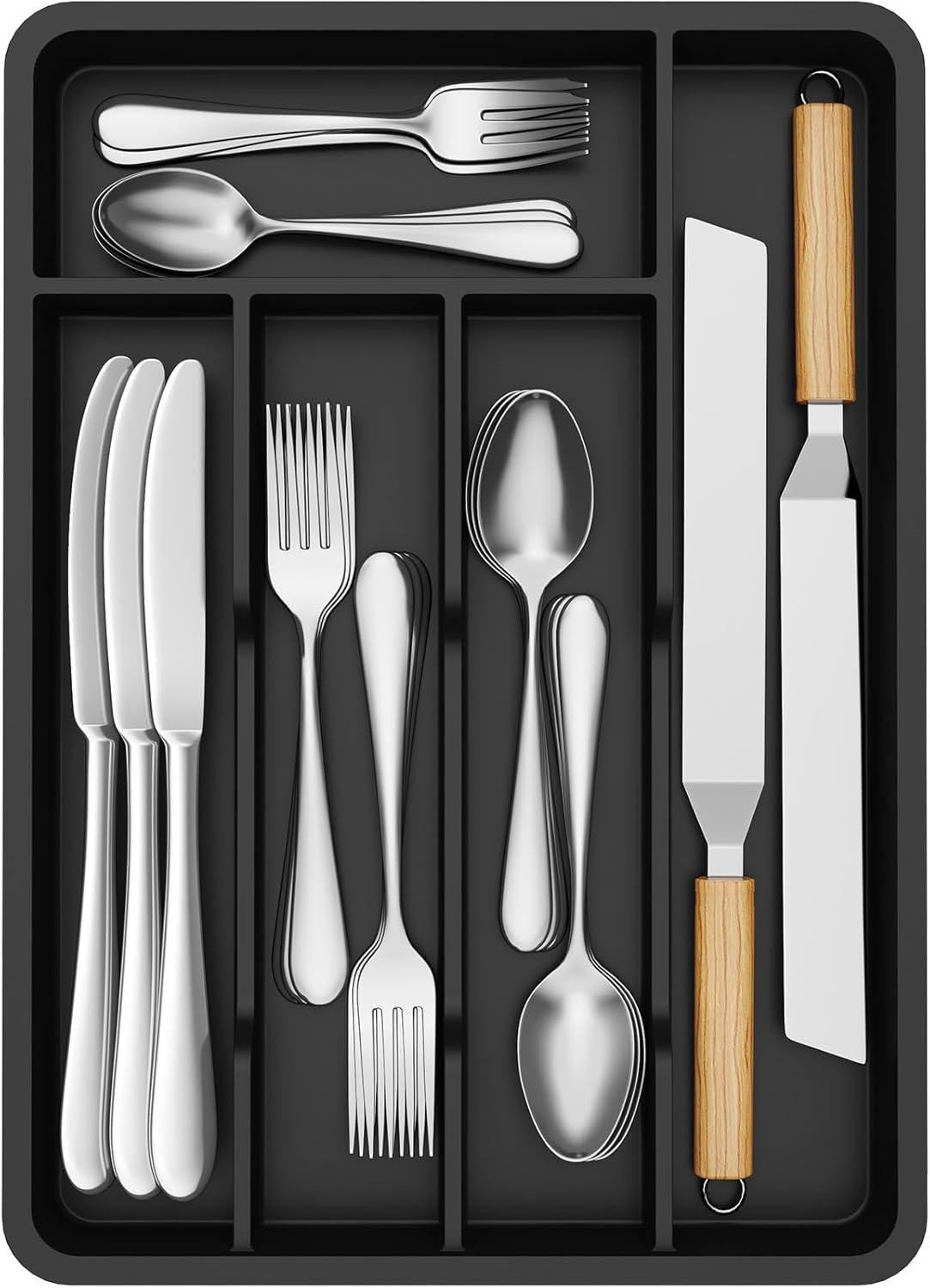 imageLifewit Silverware Tray Deep Wide Cutlery Drawer Organizer Storage for Kitchen Plastic Flatware Utensil Holder Divider for Spoons Forks Knives Tableware 6 Compartment BlackBlack