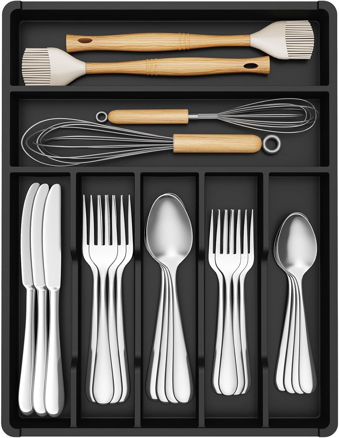 imageLifewit Silverware Tray Deep Wide Cutlery Drawer Organizer Storage for Kitchen Plastic Flatware Utensil Holder Divider for Spoons Forks Knives Tableware 6 Compartment BlackBlack