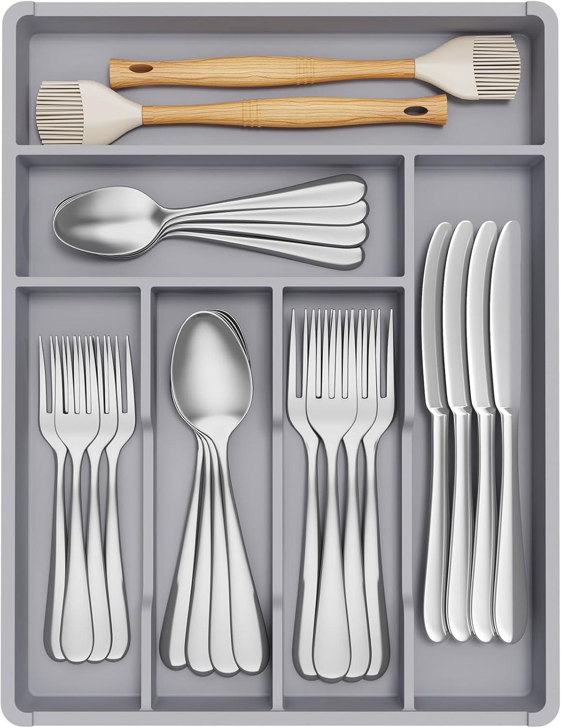 imageLifewit Silverware Tray Deep Wide Cutlery Drawer Organizer Storage for Kitchen Plastic Flatware Utensil Holder Divider for Spoons Forks Knives Tableware 6 Compartment BlackGray