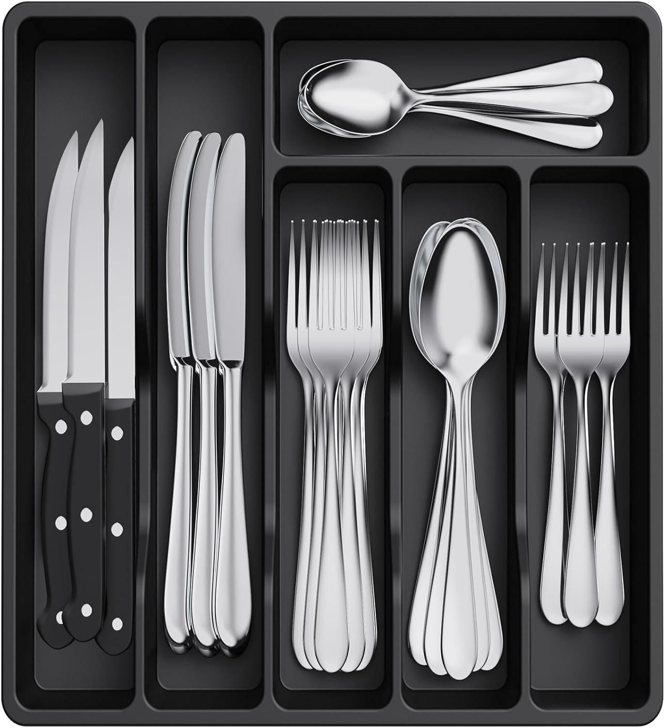 imageLifewit Silverware Tray Deep Wide Cutlery Drawer Organizer Storage for Kitchen Plastic Flatware Utensil Holder Divider for Spoons Forks Knives Tableware 6 Compartment BlackBlack