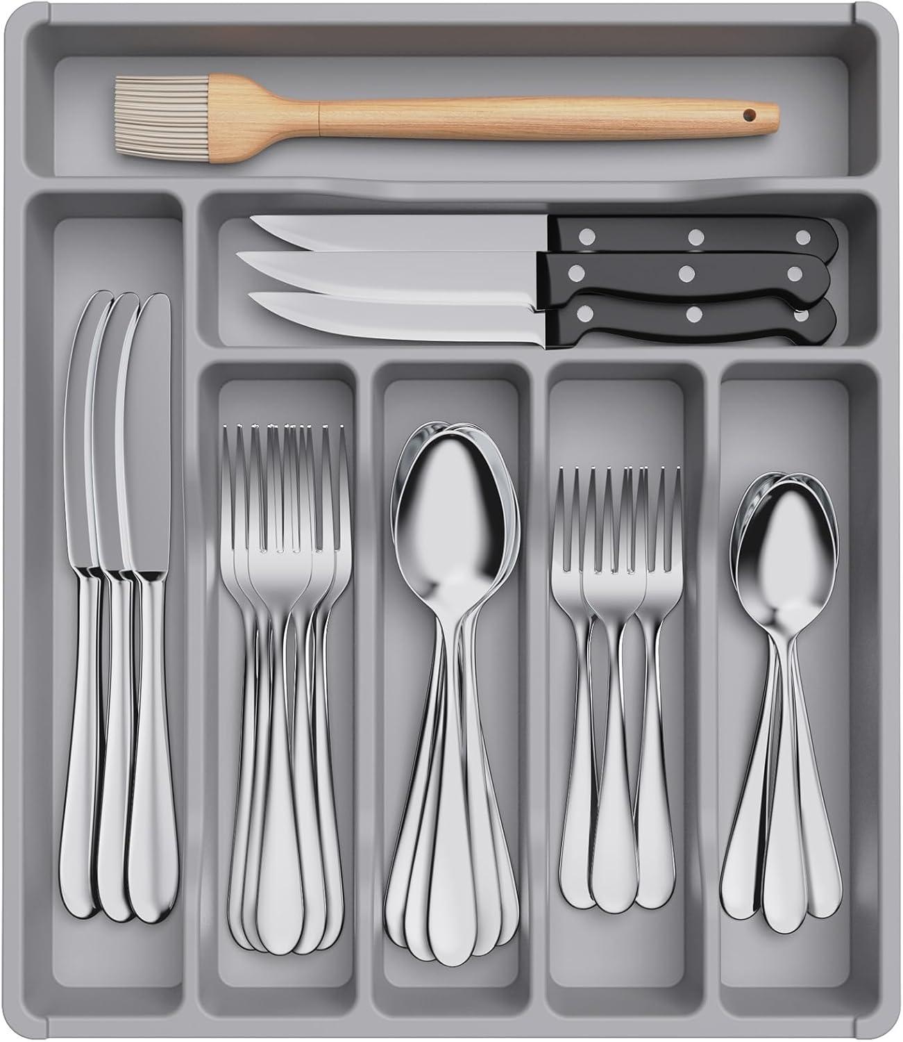 imageLifewit Silverware Tray Deep Wide Cutlery Drawer Organizer Storage for Kitchen Plastic Flatware Utensil Holder Divider for Spoons Forks Knives Tableware 6 Compartment BlackGray