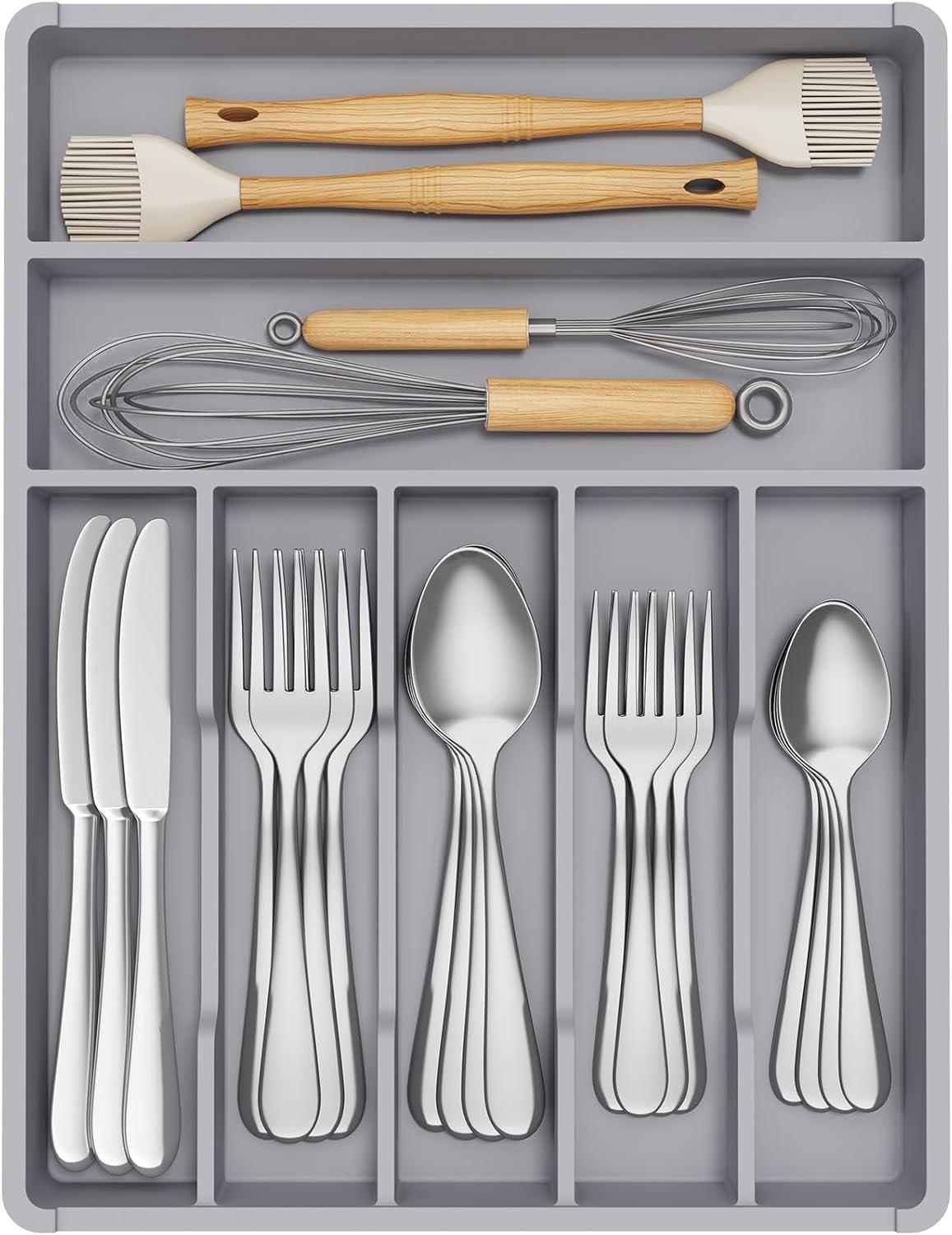 imageLifewit Silverware Tray Deep Wide Cutlery Drawer Organizer Storage for Kitchen Plastic Flatware Utensil Holder Divider for Spoons Forks Knives Tableware 6 Compartment BlackGray