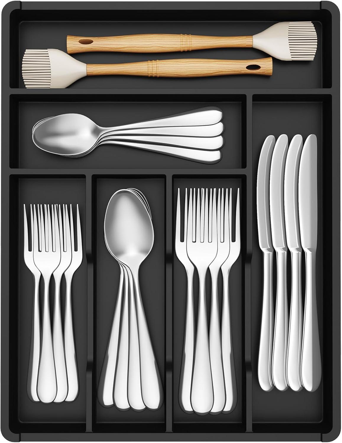imageLifewit Silverware Tray Deep Wide Cutlery Drawer Organizer Storage for Kitchen Plastic Flatware Utensil Holder Divider for Spoons Forks Knives Tableware 6 Compartment BlackBlack