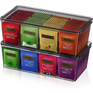 Lifewit 2 Pack Plastic Stackable Tea Bag Organizer, Divided Storage Bin Box for Kitchen Cabinets, Countertops, Pantry, Hold Coffee Pods, Sugar Packets, Condiments, 8 Sections(Black)