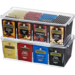 Lifewit 2 Pack Plastic Stackable Tea Bag Organizer, Divided Storage Bin Box for Kitchen Cabinets, Countertops, Pantry, Hold Coffee Pods, Sugar Packets, Condiments, 8 Sections(Clear)