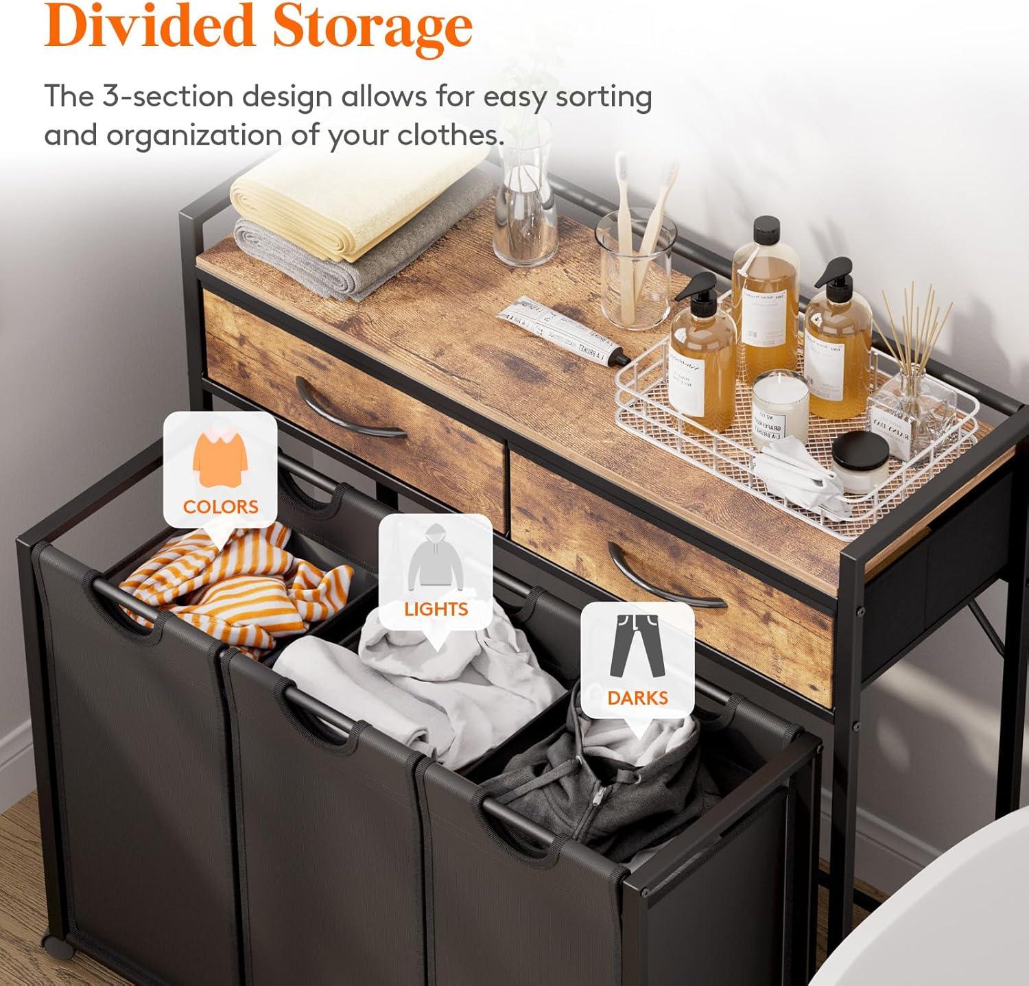 imageLifewit Laundry Hamper 3 Section Large Rolling Laundry Sorter with Shelf amp 2 Drawers PullOut Laundry Basket Organizer with Wheels and Removable Bag for Laundry Room Bathroom Rustic Brown and BlackRustic Brown