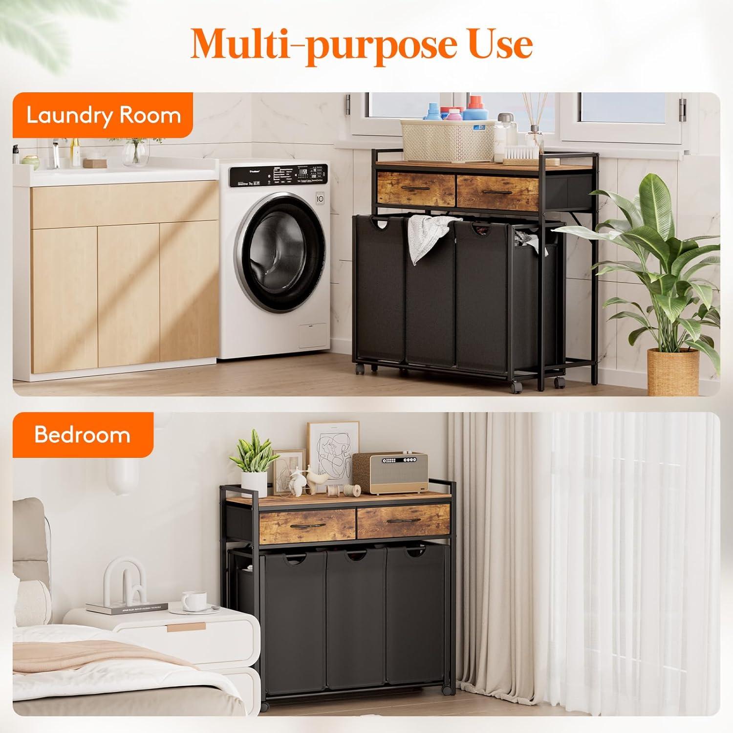 imageLifewit Laundry Hamper 3 Section Large Rolling Laundry Sorter with Shelf amp 2 Drawers PullOut Laundry Basket Organizer with Wheels and Removable Bag for Laundry Room Bathroom Rustic Brown and BlackRustic Brown