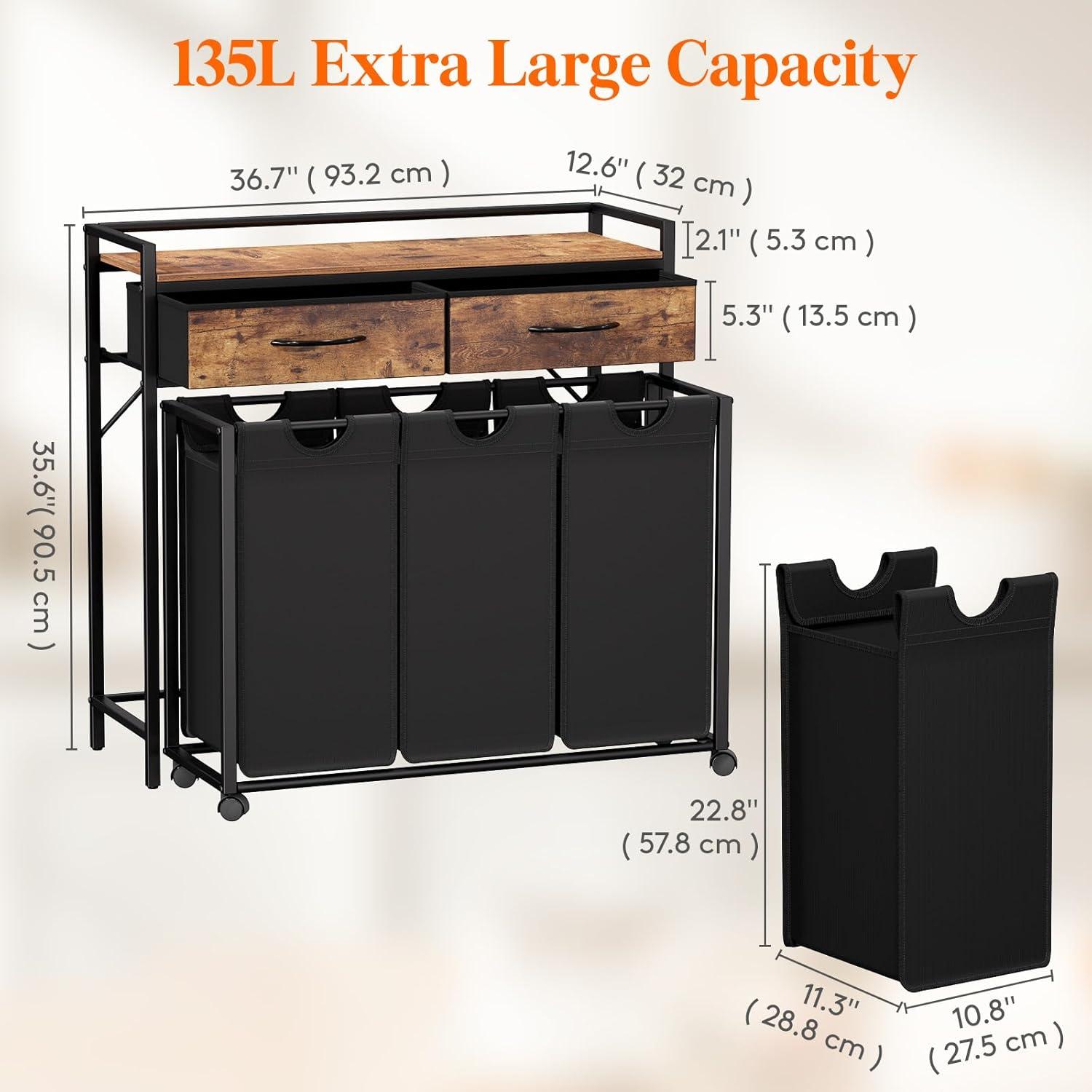 imageLifewit Laundry Hamper 3 Section Large Rolling Laundry Sorter with Shelf amp 2 Drawers PullOut Laundry Basket Organizer with Wheels and Removable Bag for Laundry Room Bathroom Rustic Brown and BlackRustic Brown