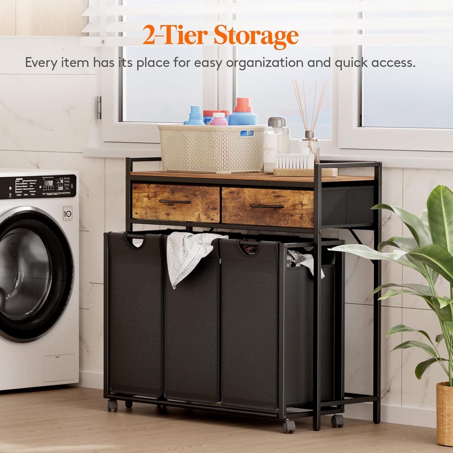 imageLifewit Laundry Hamper 3 Section Large Rolling Laundry Sorter with Shelf amp 2 Drawers PullOut Laundry Basket Organizer with Wheels and Removable Bag for Laundry Room Bathroom Rustic Brown and BlackRustic Brown