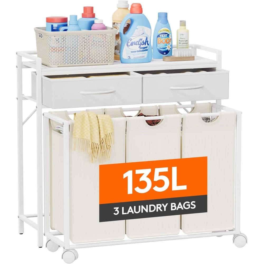 imageLifewit Laundry Hamper 3 Section Large Rolling Laundry Sorter with Shelf amp 2 Drawers PullOut Laundry Basket Organizer with Wheels and Removable Bag for Laundry Room Bathroom Rustic Brown and BlackWhite