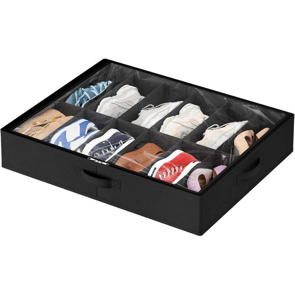 imageLifewit Under Bed Shoe Storage Organizer 1 Pack14 Pairs 43 Tall Fabric Shoes Container Box Foldable Closet Shoe Bag with 2 Reinforced Handles and Clear Cover BlackBlack