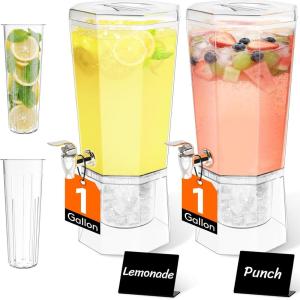 Lifewit 1 Gallon Drink Dispenser for Parties 2 Pcs, Plastic Beverage Container for Juice/Tea/Soda with Stand & Ice Core, Clear Lemonade Dispenser with Spigot, BPA Free Water Pitcher for Fridge(2)