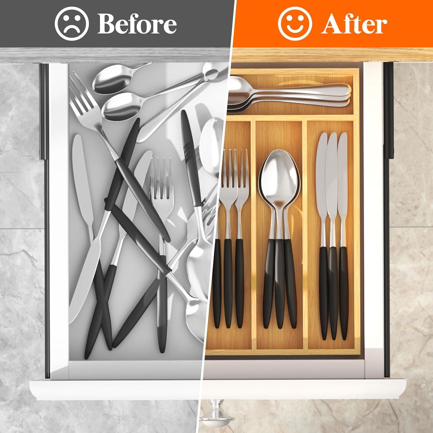 imageLifewit Silverware Drawer Organizer Utensil Tray for Kitchen Flatware and Cutlery Holder Storage for Spoons Forks Knives 86 x 125 Natural67W x 12D