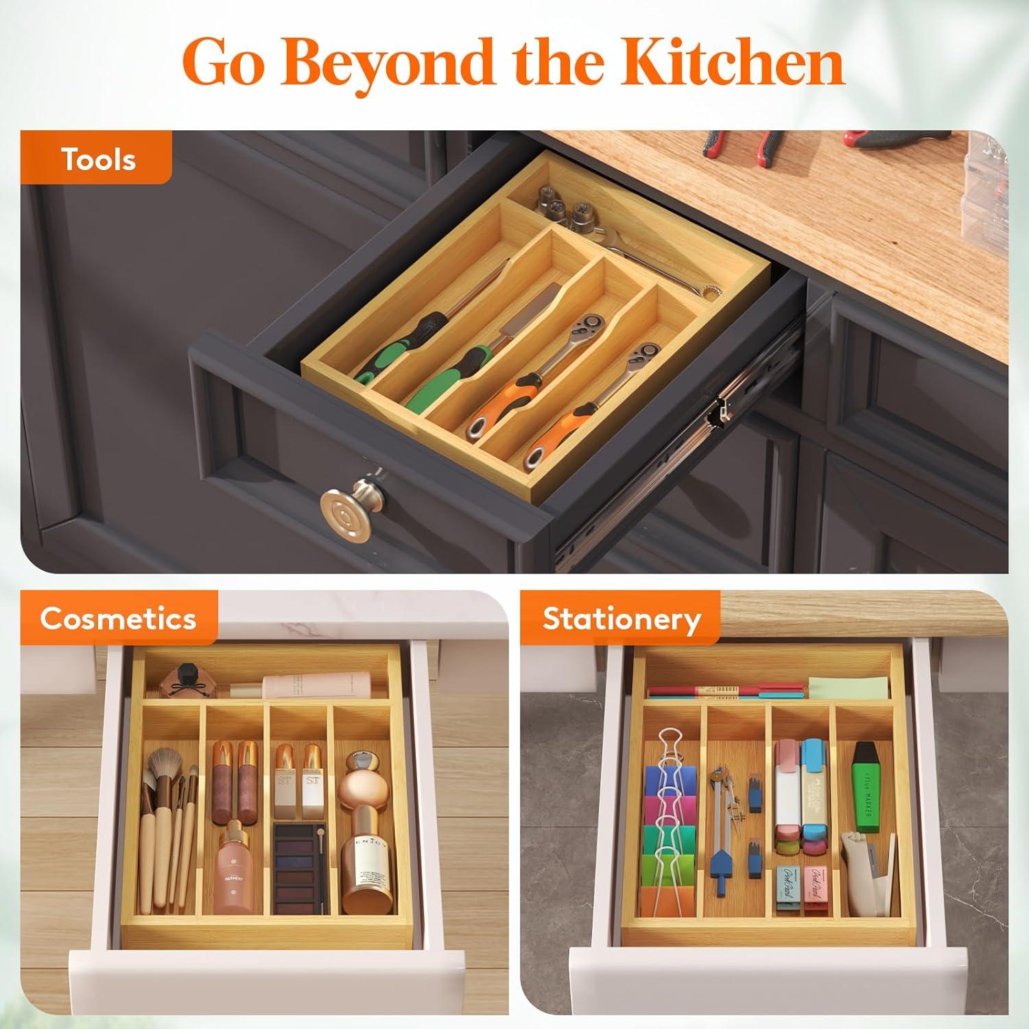 imageLifewit Silverware Drawer Organizer Utensil Tray for Kitchen Flatware and Cutlery Holder Storage for Spoons Forks Knives 86 x 125 Natural91W x 126D