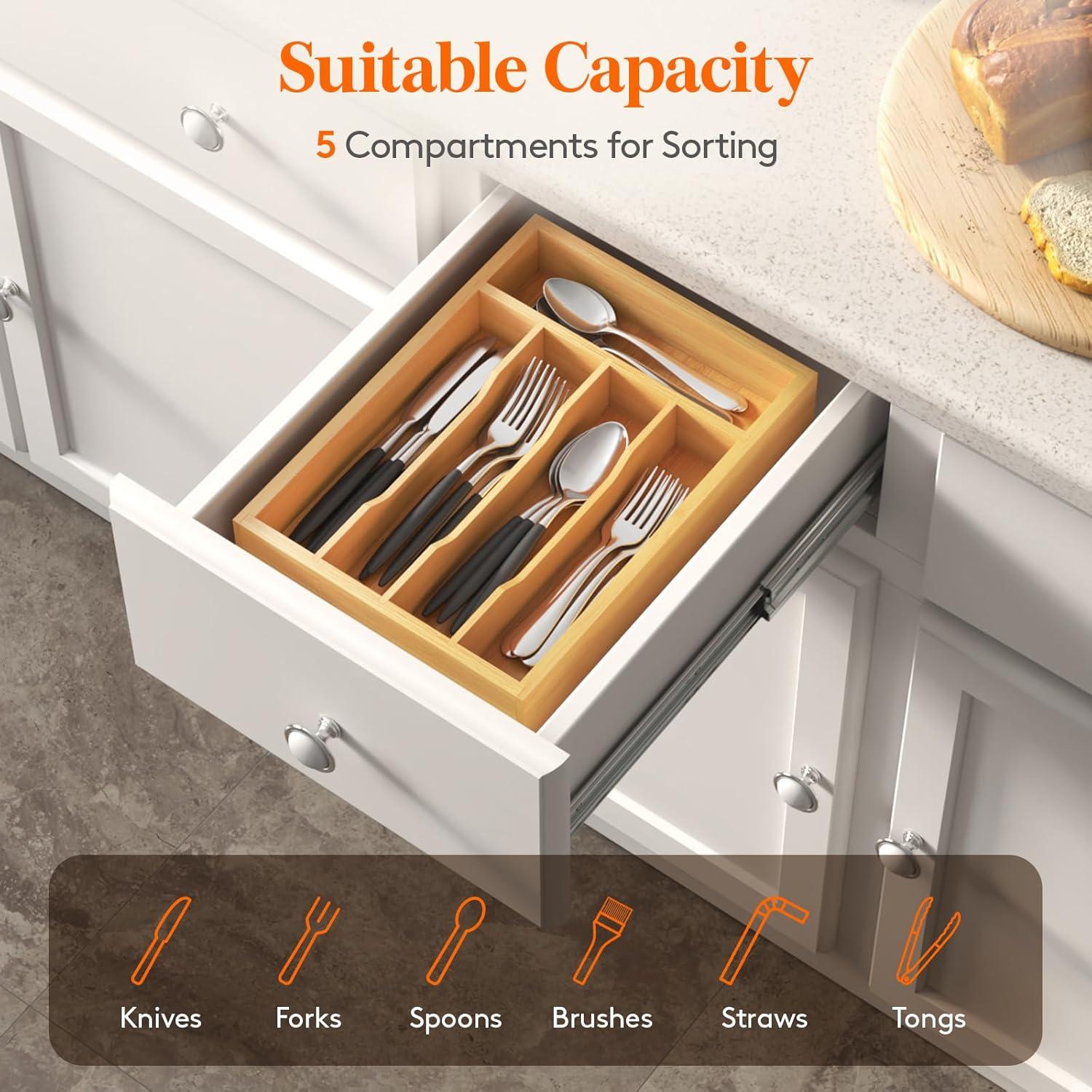 imageLifewit Silverware Drawer Organizer Utensil Tray for Kitchen Flatware and Cutlery Holder Storage for Spoons Forks Knives 86 x 125 Natural91W x 126D