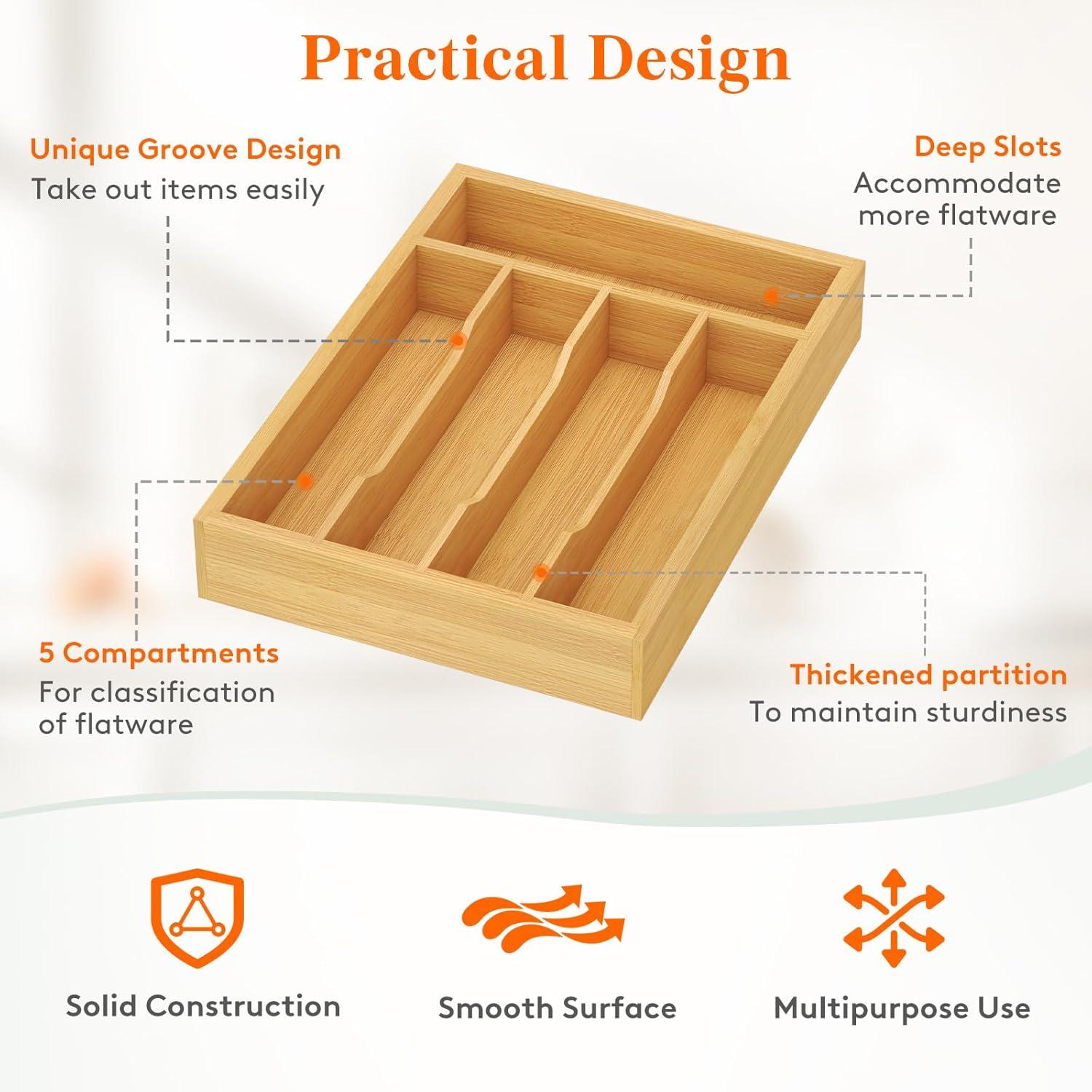 imageLifewit Silverware Drawer Organizer Utensil Tray for Kitchen Flatware and Cutlery Holder Storage for Spoons Forks Knives 86 x 125 Natural91W x 126D
