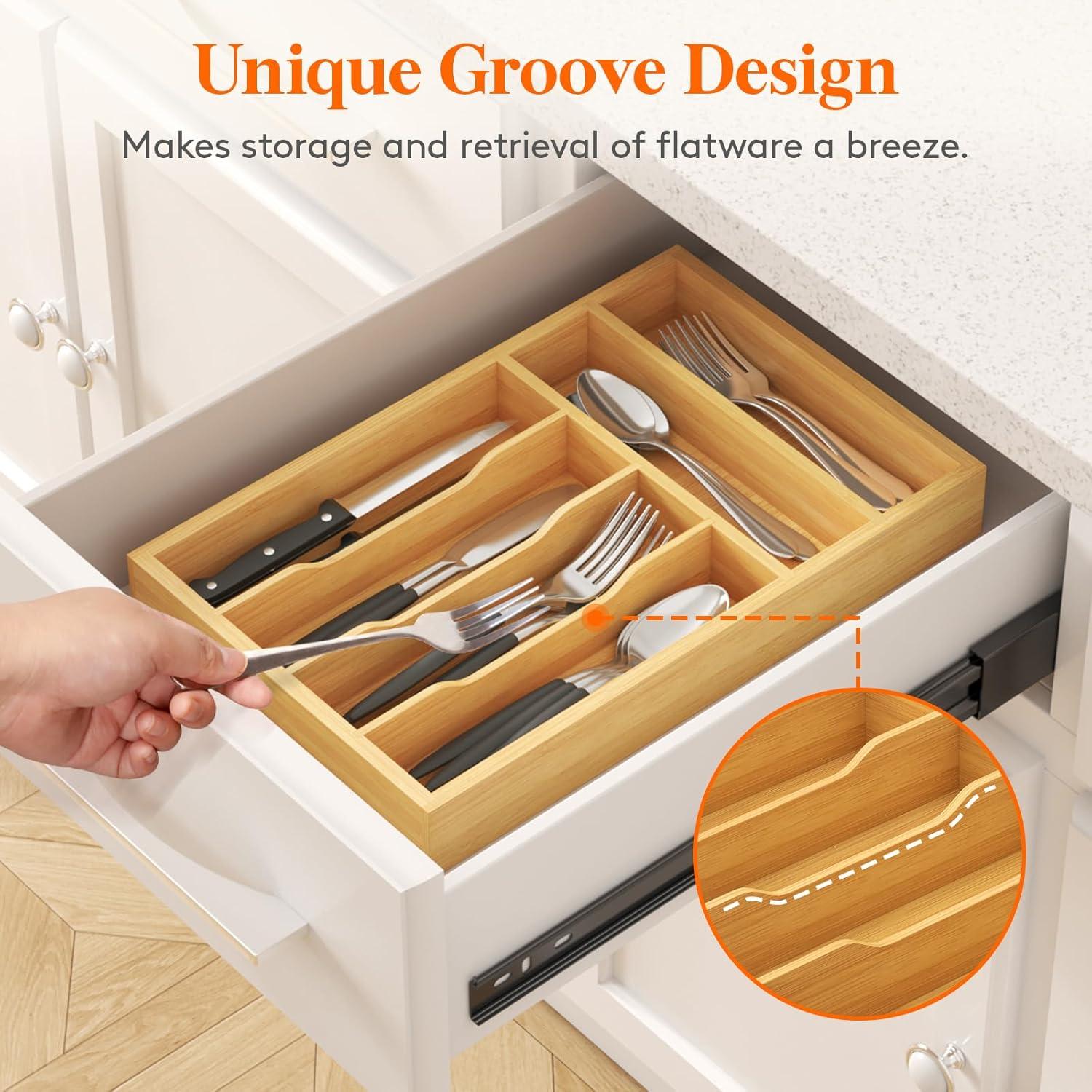 imageLifewit Silverware Drawer Organizer Utensil Tray for Kitchen Flatware and Cutlery Holder Storage for Spoons Forks Knives 86 x 125 Natural99W x 155D