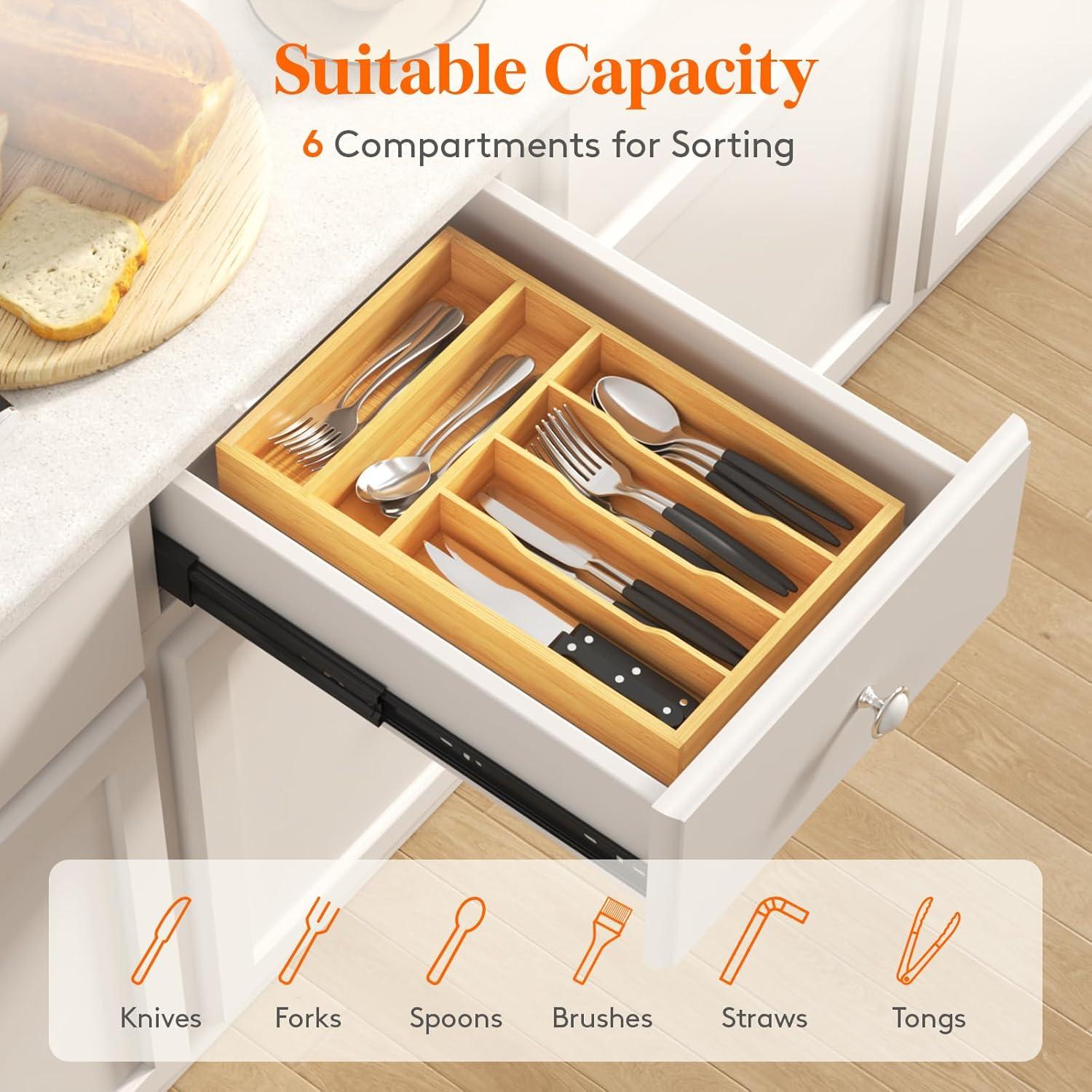 imageLifewit Silverware Drawer Organizer Utensil Tray for Kitchen Flatware and Cutlery Holder Storage for Spoons Forks Knives 86 x 125 Natural99W x 155D