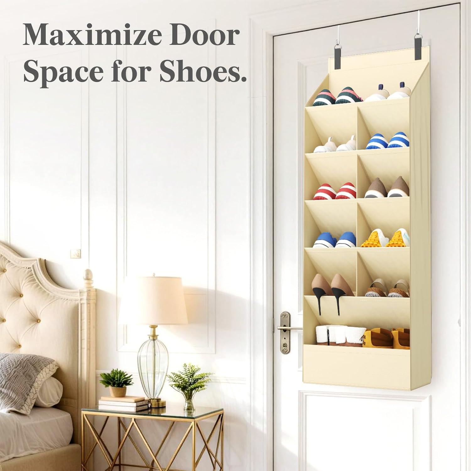 imageLifewit 6 Tier Over the Door Shoe Organizer with 11 Large Deep Pockets Fabric Hanging Shoes Shelf for Closet Dorm Storage Fit Up to 12 Pair Shoe Rack Holder for Sneakers Boots GrayBeige
