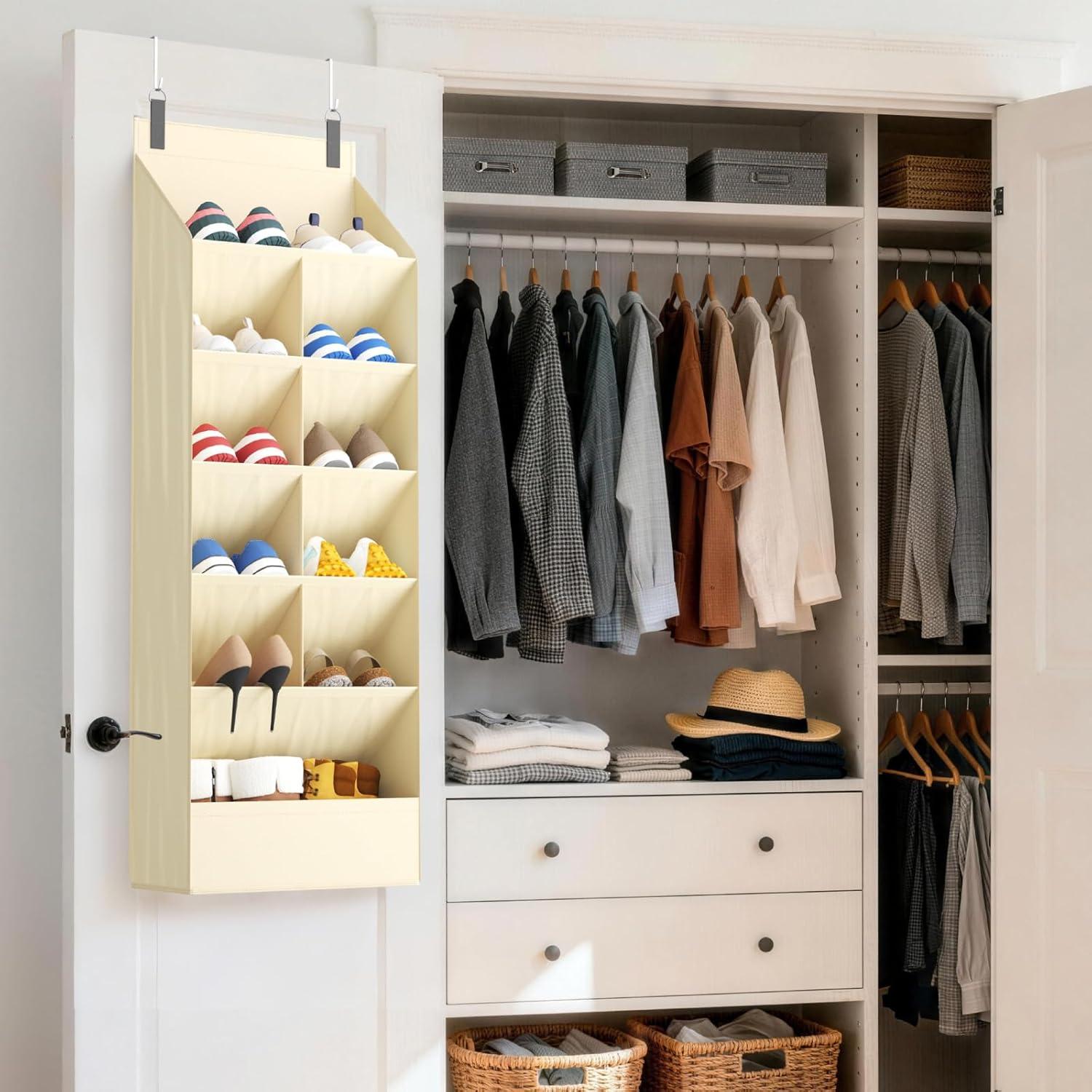 imageLifewit 6 Tier Over the Door Shoe Organizer with 11 Large Deep Pockets Fabric Hanging Shoes Shelf for Closet Dorm Storage Fit Up to 12 Pair Shoe Rack Holder for Sneakers Boots GrayBeige