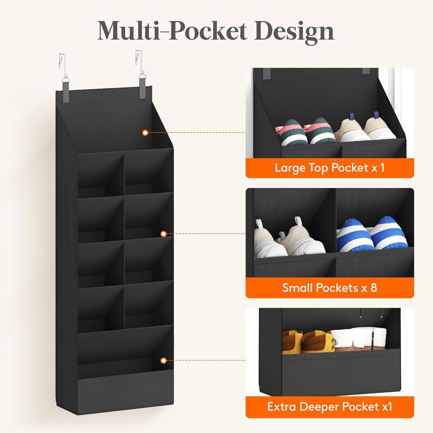 imageLifewit 6 Tier Over the Door Shoe Organizer with 11 Large Deep Pockets Fabric Hanging Shoes Shelf for Closet Dorm Storage Fit Up to 12 Pair Shoe Rack Holder for Sneakers Boots GrayBlack
