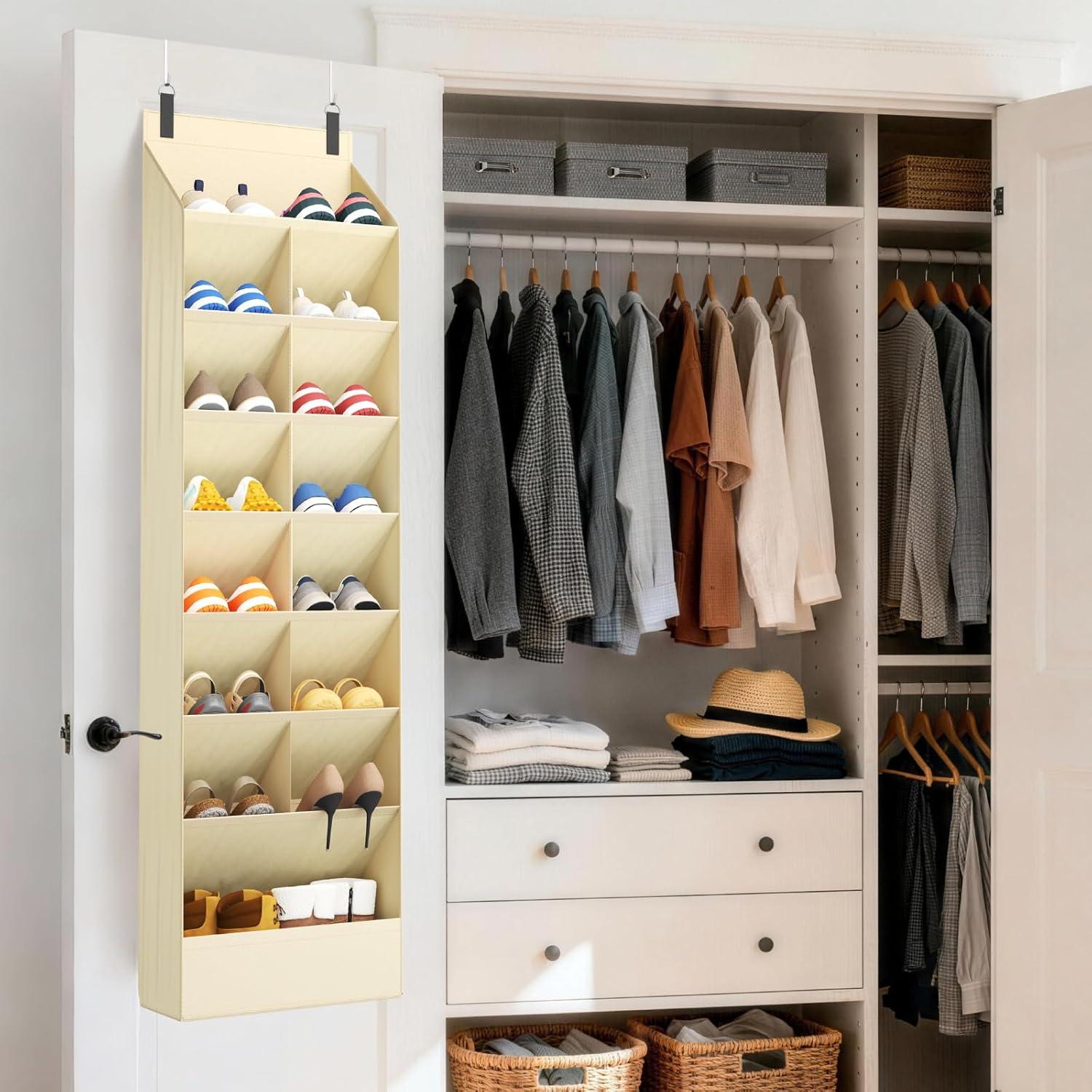imageLifewit 6 Tier Over the Door Shoe Organizer with 11 Large Deep Pockets Fabric Hanging Shoes Shelf for Closet Dorm Storage Fit Up to 12 Pair Shoe Rack Holder for Sneakers Boots GrayBeige
