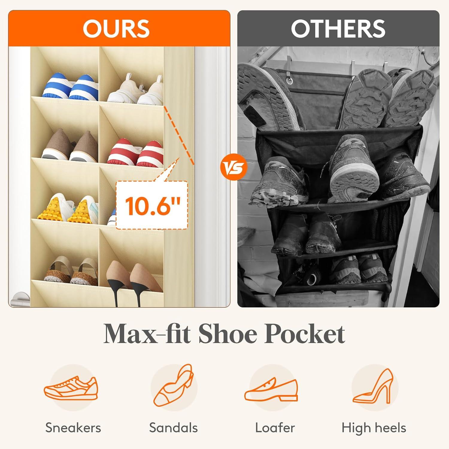 imageLifewit 6 Tier Over the Door Shoe Organizer with 11 Large Deep Pockets Fabric Hanging Shoes Shelf for Closet Dorm Storage Fit Up to 12 Pair Shoe Rack Holder for Sneakers Boots GrayBeige