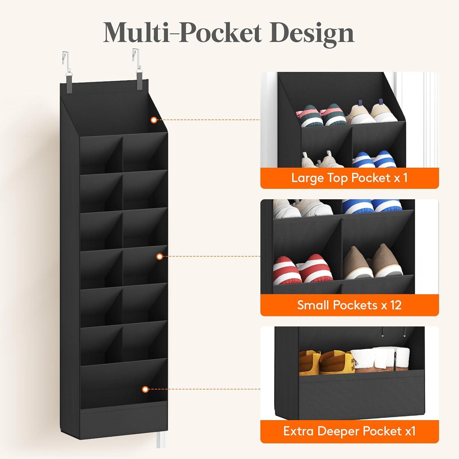 imageLifewit 6 Tier Over the Door Shoe Organizer with 11 Large Deep Pockets Fabric Hanging Shoes Shelf for Closet Dorm Storage Fit Up to 12 Pair Shoe Rack Holder for Sneakers Boots GrayBlack