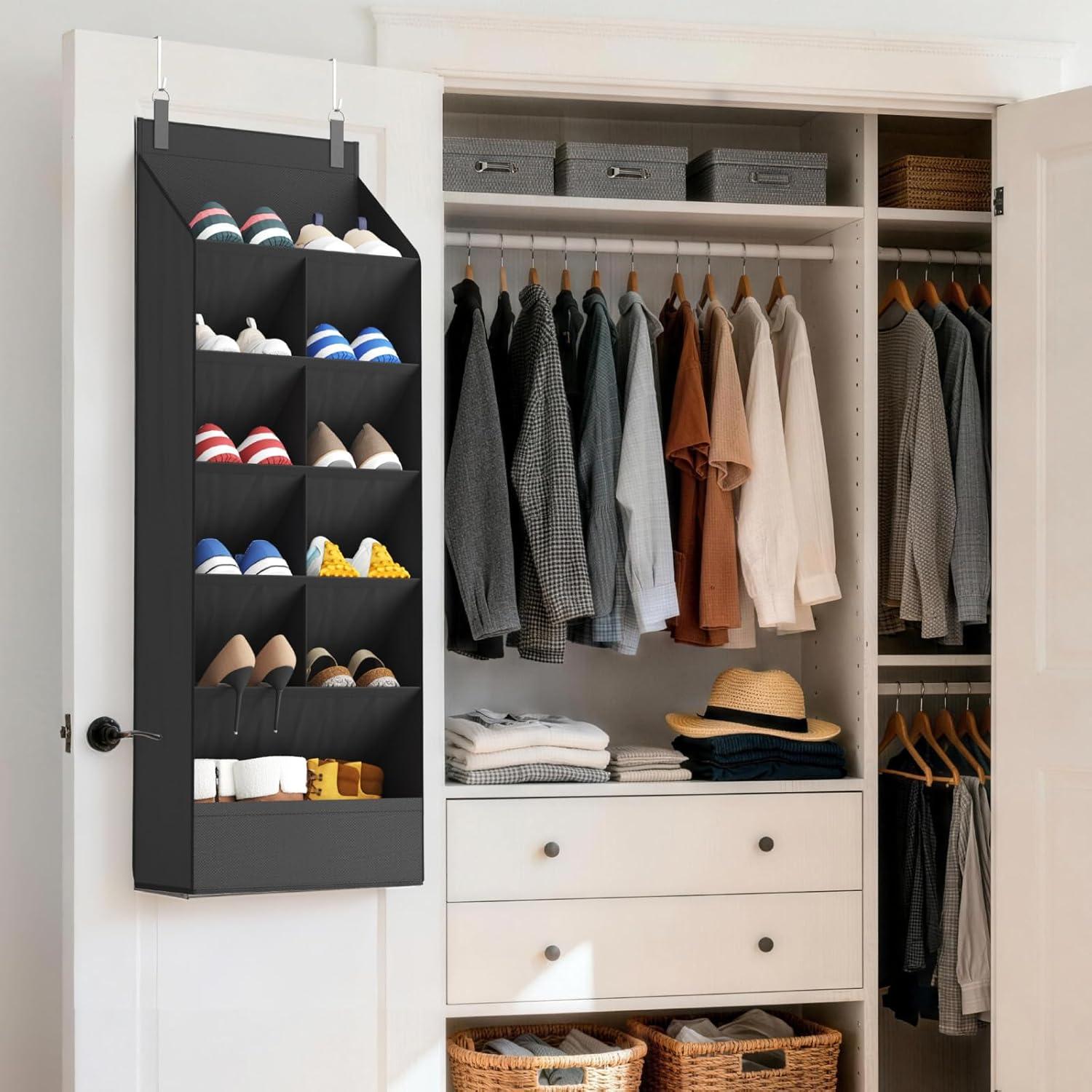 imageLifewit 6 Tier Over the Door Shoe Organizer with 11 Large Deep Pockets Fabric Hanging Shoes Shelf for Closet Dorm Storage Fit Up to 12 Pair Shoe Rack Holder for Sneakers Boots GrayBlack