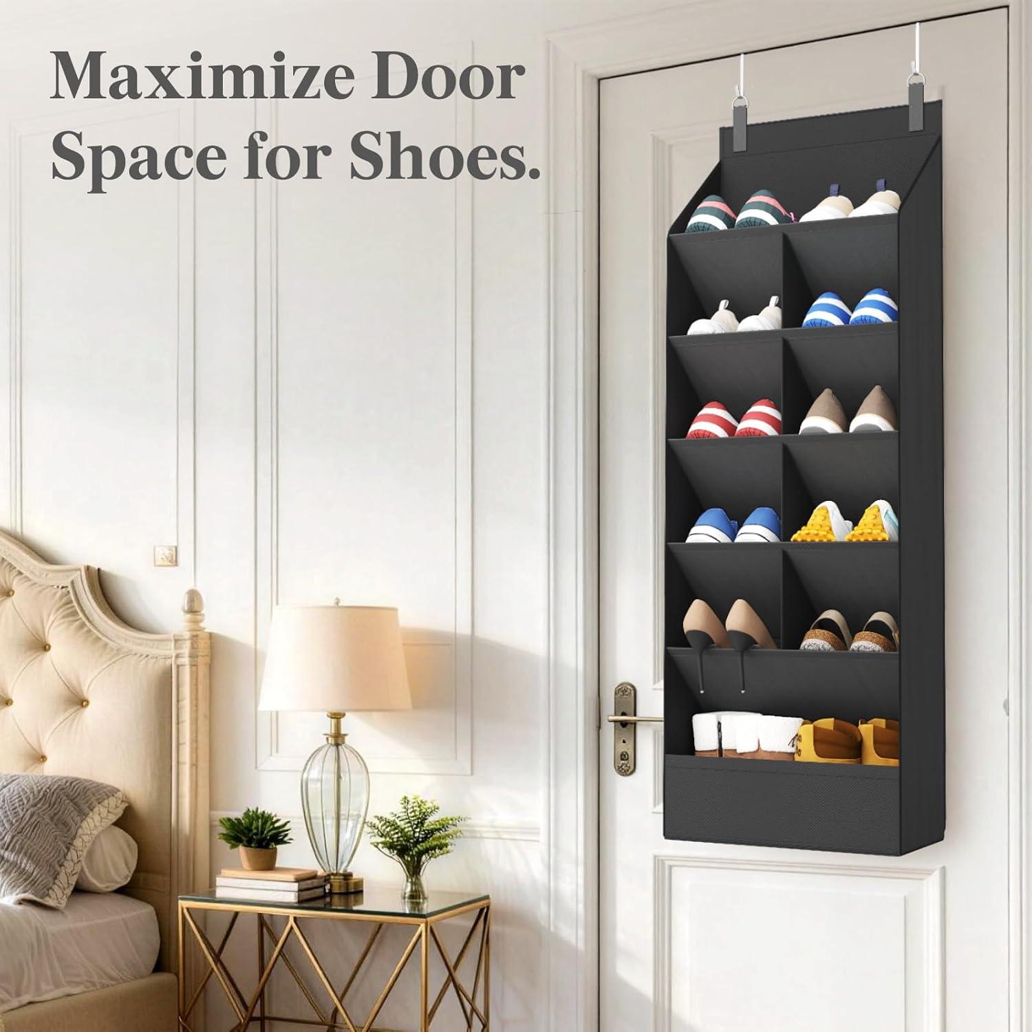 imageLifewit 6 Tier Over the Door Shoe Organizer with 11 Large Deep Pockets Fabric Hanging Shoes Shelf for Closet Dorm Storage Fit Up to 12 Pair Shoe Rack Holder for Sneakers Boots GrayBlack