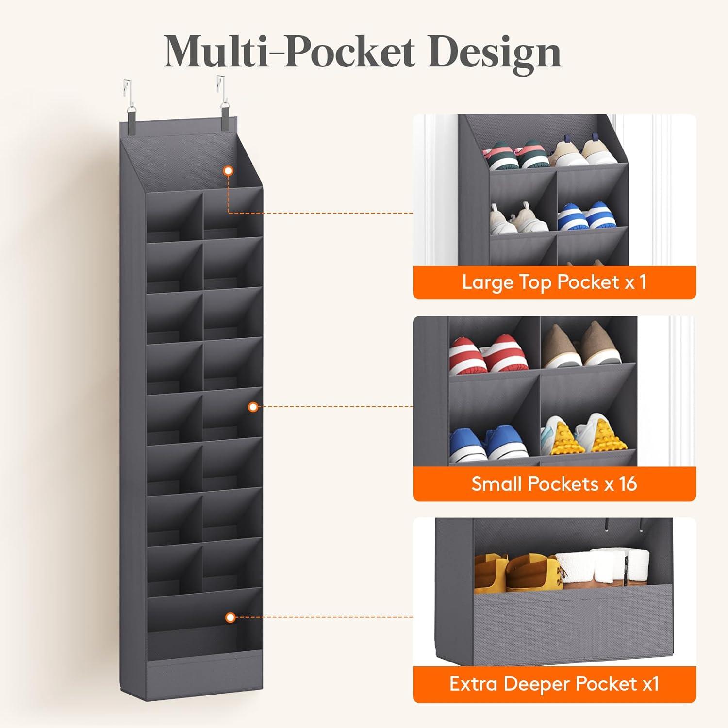 imageLifewit 6 Tier Over the Door Shoe Organizer with 11 Large Deep Pockets Fabric Hanging Shoes Shelf for Closet Dorm Storage Fit Up to 12 Pair Shoe Rack Holder for Sneakers Boots GrayGray