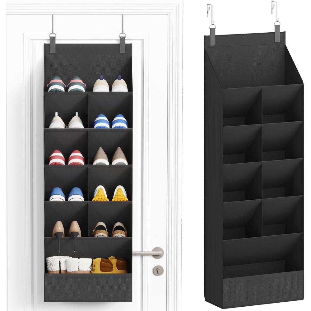 imageLifewit 6 Tier Over the Door Shoe Organizer with 11 Large Deep Pockets Fabric Hanging Shoes Shelf for Closet Dorm Storage Fit Up to 12 Pair Shoe Rack Holder for Sneakers Boots GrayBlack