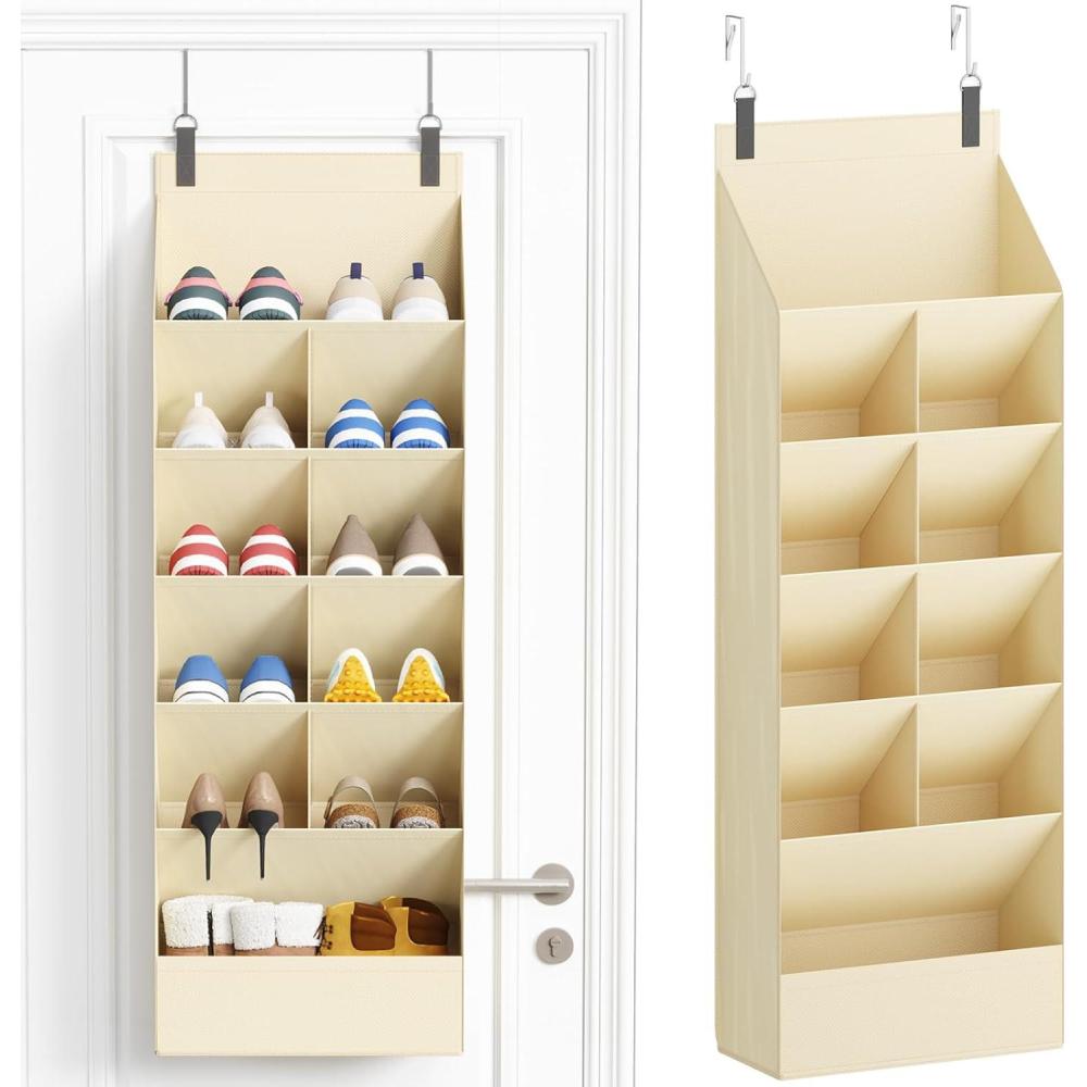 imageLifewit 6 Tier Over the Door Shoe Organizer with 11 Large Deep Pockets Fabric Hanging Shoes Shelf for Closet Dorm Storage Fit Up to 12 Pair Shoe Rack Holder for Sneakers Boots GrayBeige