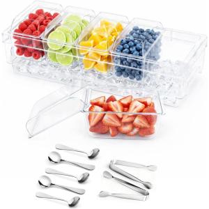 Lifewit Chilled Condiment Containers with Lids, Plastic Taco Bar Serving Set for Party with 5 Containers, Ice Garnish Tray for Mimosa Bar Supplies, Clear Serving Platter for Fruit, Salad, Snack(1)