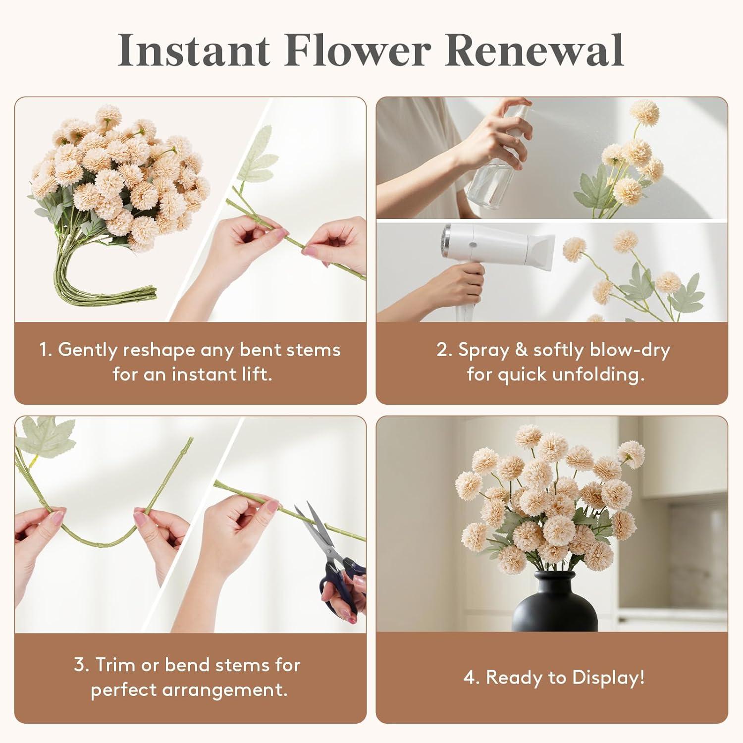 imageLifewit 5 Pcs Beige Artificial Flower for Vase Faux Silk Mums Ball with Long Stems for Home Decor Wedding Bulk Fake Small Chrysanthemums for Floral Arrangement Pom Pom for Bouquets CenterpiecesBeige