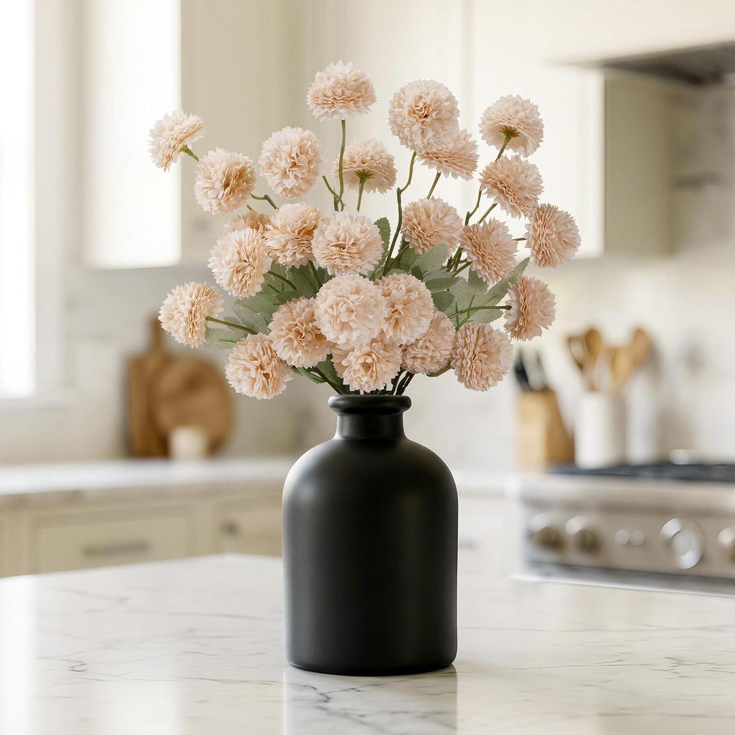 imageLifewit 5 Pcs Beige Artificial Flower for Vase Faux Silk Mums Ball with Long Stems for Home Decor Wedding Bulk Fake Small Chrysanthemums for Floral Arrangement Pom Pom for Bouquets CenterpiecesBeige