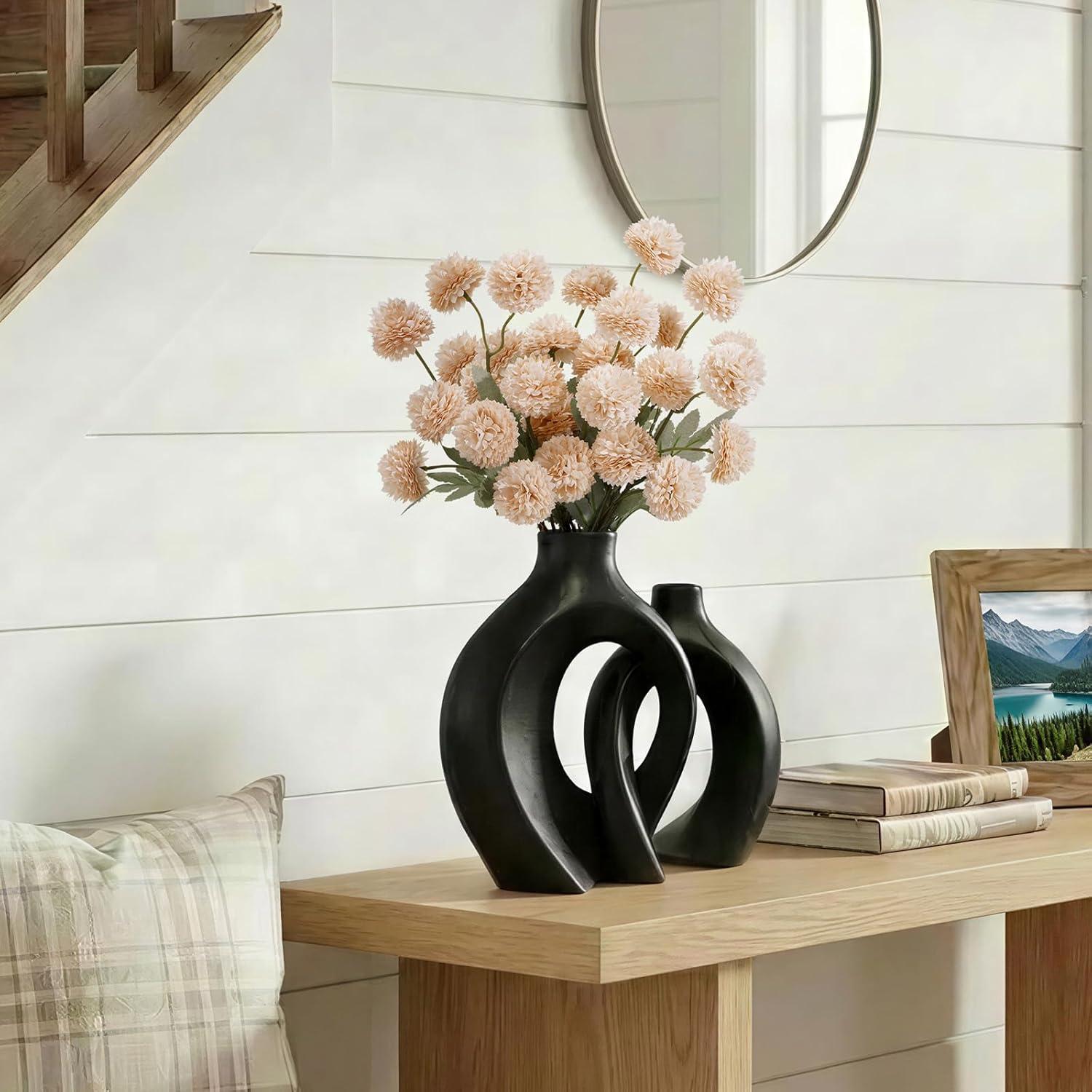 imageLifewit 5 Pcs Beige Artificial Flower for Vase Faux Silk Mums Ball with Long Stems for Home Decor Wedding Bulk Fake Small Chrysanthemums for Floral Arrangement Pom Pom for Bouquets CenterpiecesBeige