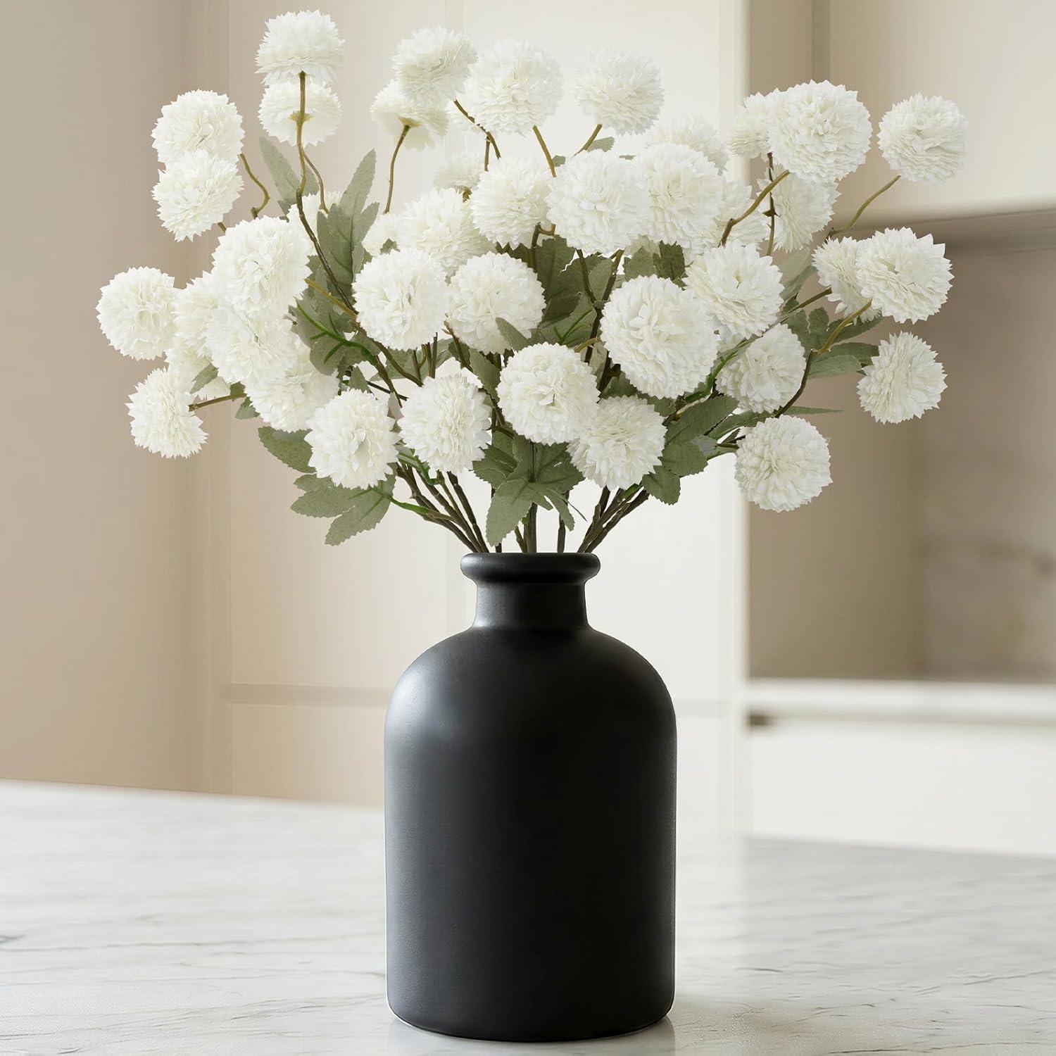 imageLifewit 5 Pcs Beige Artificial Flower for Vase Faux Silk Mums Ball with Long Stems for Home Decor Wedding Bulk Fake Small Chrysanthemums for Floral Arrangement Pom Pom for Bouquets CenterpiecesWhite