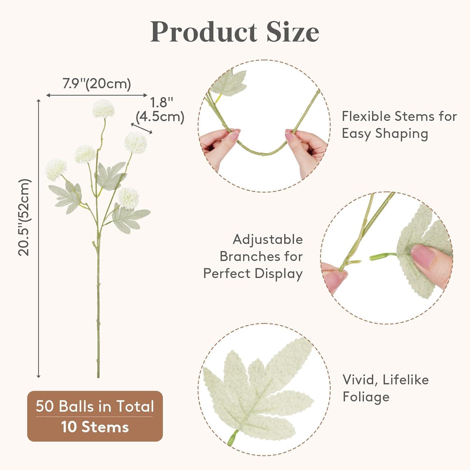 imageLifewit 5 Pcs Beige Artificial Flower for Vase Faux Silk Mums Ball with Long Stems for Home Decor Wedding Bulk Fake Small Chrysanthemums for Floral Arrangement Pom Pom for Bouquets CenterpiecesWhite
