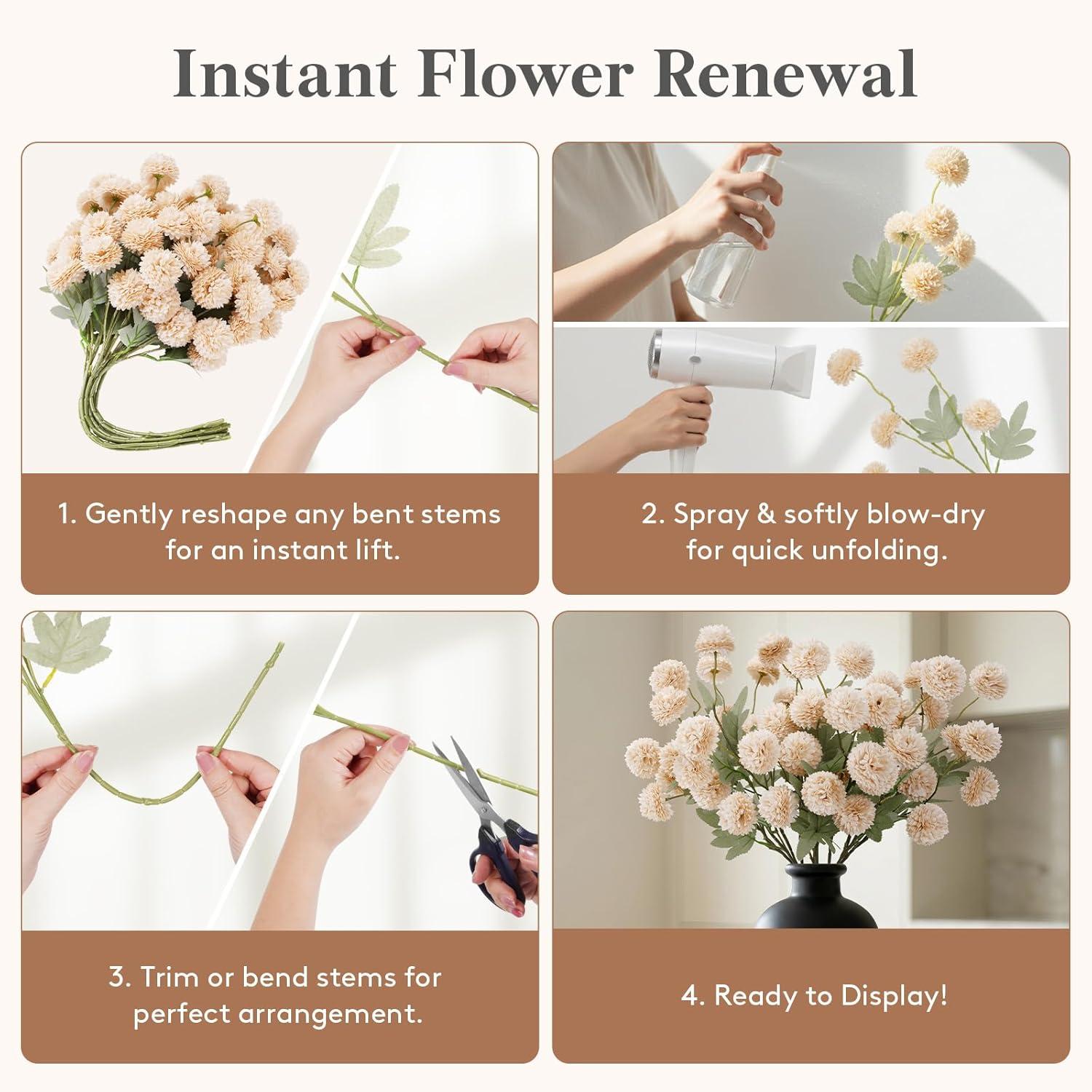 imageLifewit 5 Pcs Beige Artificial Flower for Vase Faux Silk Mums Ball with Long Stems for Home Decor Wedding Bulk Fake Small Chrysanthemums for Floral Arrangement Pom Pom for Bouquets CenterpiecesBeige