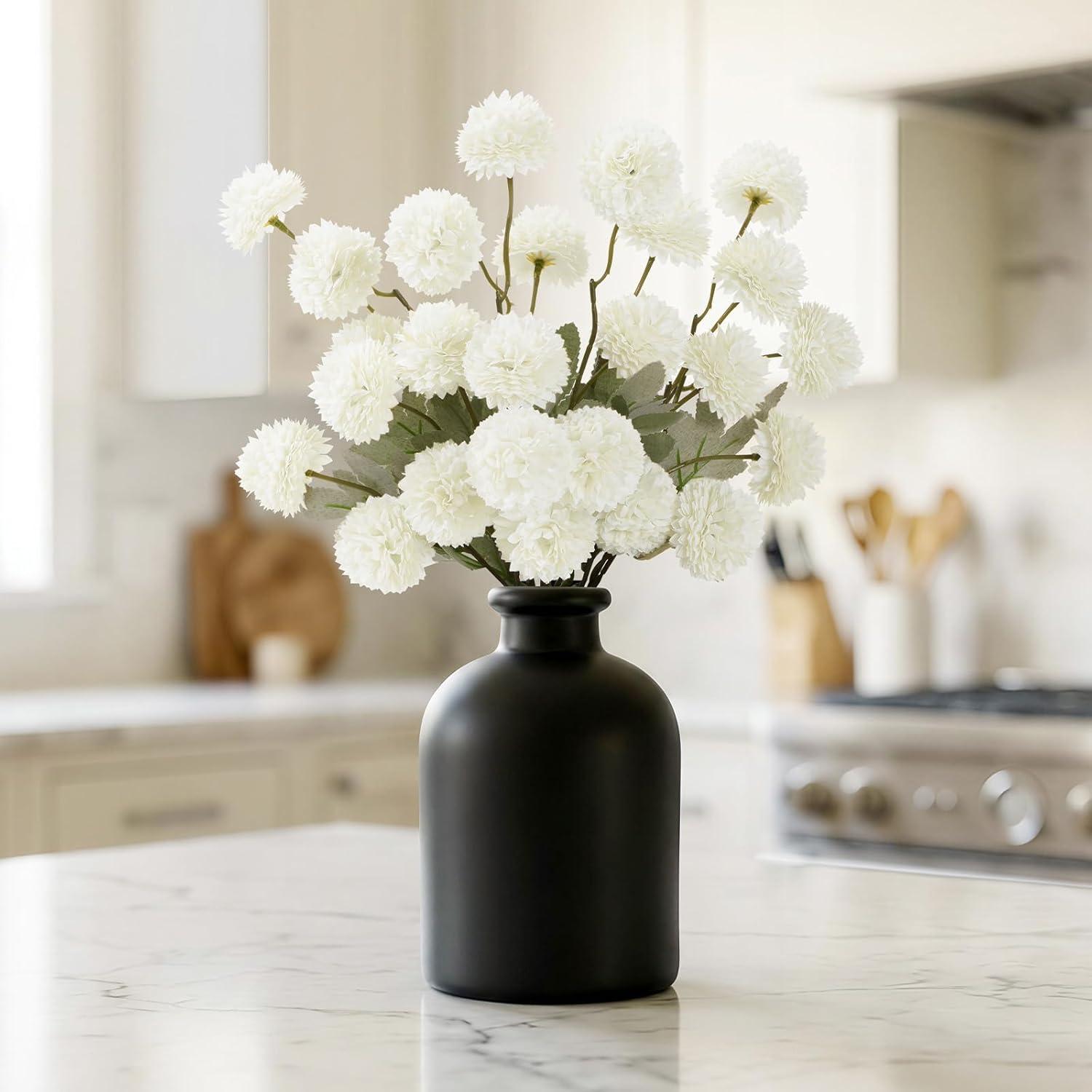 imageLifewit 5 Pcs Beige Artificial Flower for Vase Faux Silk Mums Ball with Long Stems for Home Decor Wedding Bulk Fake Small Chrysanthemums for Floral Arrangement Pom Pom for Bouquets CenterpiecesWhite